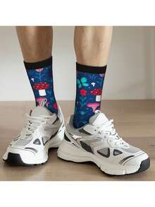 Cute Mushrooms, Flowers, Butterflies And Snails Socks Women Men, Calf Knee High Socks For Athletic Running Cycling - 黑色 - 查看 4