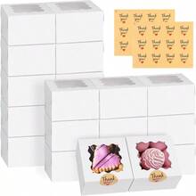 FL WINKIO 24pcs White Cookie Boxes 4x4x2.5 Inches Bakery Boxes With Window For Mini Cake Treat Dessert Pastry Donuts Macaroon Strawberries Chocolate Candy With Stickers FL