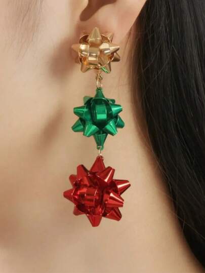 1 对彩色合金圣诞花耳环，女士复古时尚珠宝，庆祝派对配饰