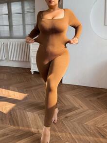 1pc Women Plus Size Seamless Slimming Waist Cincher Bodysuit With Long Sleeve And Pants