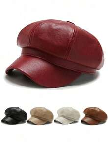1 Piece Simple Multifunctional Solid Color PU Leather Octagonal Hat For Women, Spring, Summer, Autumn, Winter, Many Colors To Choose From, Fashionable Casual High Quality, Very Suitable For Gifts - 彩色 - 查看 1