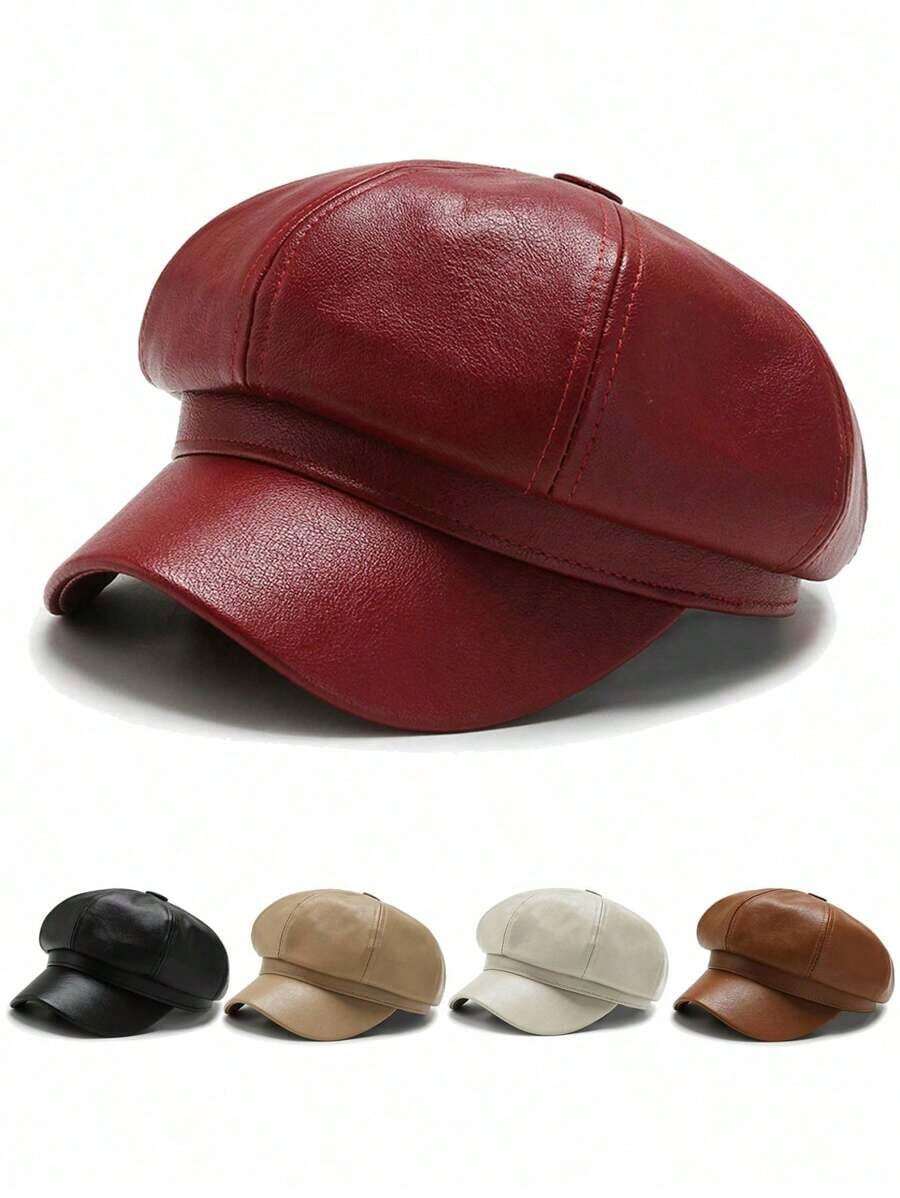1 Piece Simple Multifunctional Solid Color PU Leather Octagonal Hat For Women, Spring, Summer, Autumn, Winter, Many Colors To Choose From, Fashionable Casual High Quality, Very Suitable For Gifts - 彩色 - 查看 1