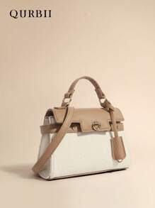 QURBII 1pc Small Fashionable Faux Leather & Fabric Patchwork Handbag, Elegant Tote Bag, Lockable Rivet Decor Strap Small Square Bag, Detachable Shoulder Strap, Crossbody Bag, Suitable For Women Office, Commute, Date, Shopping, Casual, Vacation, Beach, Music Festival, Party, Wedding, School
