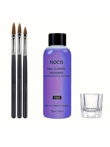 Set de Líquido Monómero Acrílico NOCIS de 75ml - Sistema Profesional Inodoro para Extensiones de Uñas con 3 Pinceles para Uñas y Recipiente de Vidrio Dappen Uñas Acrílicas Postizas - Multicolor - Ver 1