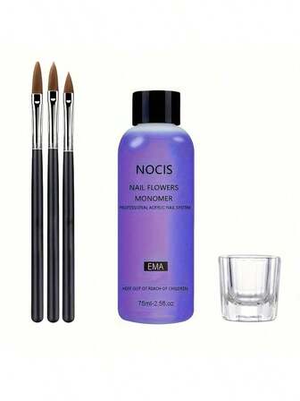 75ml NOCIS Acrylic Liquid Monomer Set - Professional Unscented System For Nail Extensions With 3 Nail Brushes & Glass Dappen Dish Acrylic Press On Nails
