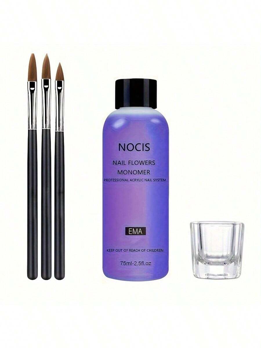 Set de Líquido Monómero Acrílico NOCIS de 75ml - Sistema Profesional Inodoro para Extensiones de Uñas con 3 Pinceles para Uñas y Recipiente de Vidrio Dappen Uñas Acrílicas Postizas - Multicolor - Ver 1