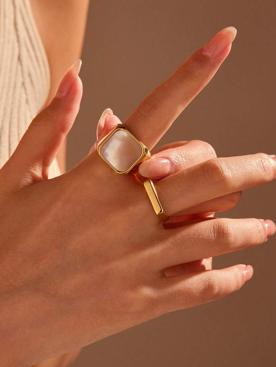 2 件不锈钢方形镶嵌真贝壳和光滑矩形，时尚简约风格，适合女性日常佩戴或送礼 - 金黃色 - 查看 1