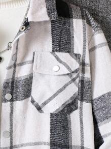 Tween Girl Plaid Drop Shoulder Flap Pocket Fashion Jacket, Mid-Length, Autumn/Winter - Black and White - View 4