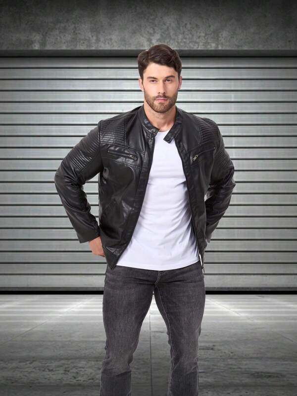 Men's Outdoor Professional Motorcycle Leather Jacket, Raglan Sleeve Biker Jacket, PU Leather Jacket, Stand Collar Sports Jacket, Zipper Pockets, Black, Suitable For Autumn/Winter