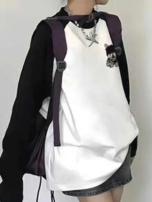 女式棉质拼色插肩袖 T 恤，印有可爱狗狗字母图案，休闲基本款分层长袖宽松百搭 T 恤，适合日常穿着和通勤 - 白色 - 查看 4