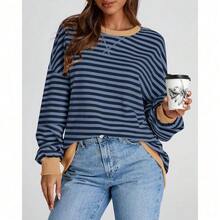 Womens Oversized Striped Sweatshirt Crewneck Long Sleeve Pullover Top Casual Y2K Spring Clothes 2026 Workout Shirt,Vacation Outfits Women,Valentine Outfits For Women,Street Photography - Blue Navy - 查看 5