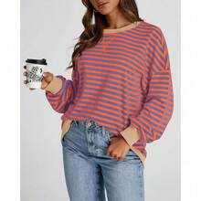 Womens Oversized Striped Sweatshirt Crewneck Long Sleeve Pullover Top Casual Y2K Spring Clothes 2026 Workout Shirt,Vacation Outfits Women,Valentine Outfits For Women,Street Photography - Blue Orange - 查看 8