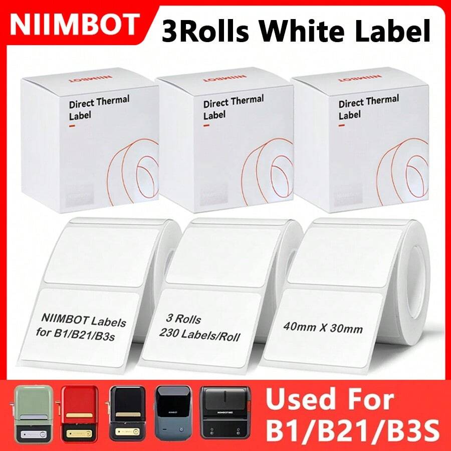Niimbot Label 3Rolls Label For NIIMBOT B1 B21 B3S B31 K3 Mini Portable Thermal Printer Label White Sticker For Adhesive Label Printer For Containers, Waterproof, Oil-Proof And Tear-Proof Thermal Printer Labels - White - View 1