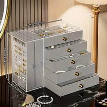 1 pieza Caja de joyería de escritorio grande y multifuncional con estilo de cajón transparente, caja de almacenamiento para pulseras y brazaletes, caja de almacenamiento de relojes de múltiples capas, caja para anillos, perchero para collares, caja de almacenamiento para aretes, organizador de joyas, caja de joyería con estilo de cajón apilable, caja de joyería de uso múltiple con estilo de cajón, caja de almacenamiento y organización de joyas (rosa), decoración de habitación - Rosa - Ver 5