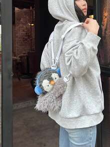 Cute Cat, Penguin, Rabbit Plush Backpack, Cat, Penguin, Rabbit Slouch Small Backpack, Girl Casual Phone Coin Purse, Unique Cartoon Shoulder Crossbody Bag - Grey - View 5