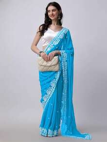 Women's Georgette Embroidery Border Work Designer Saree With Blouse Piece(Royal Blue) - Royal Blue - View 3