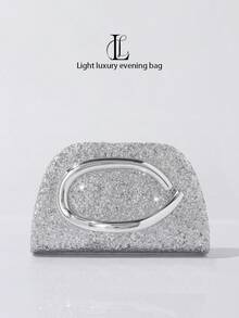 1pc Women's Fashionable Retro Metal Handle Evening Clutch Bag, Luxury Elegant Sparkling Rhinestone Sequin Decor, Metal Details Box-Shaped Bag With Detachable Metal Chain Strap, Suitable For Wedding, Party, Prom, Nightclub, Formal Occasions, Dress Up, Wallet, Evening Bag - Silver - View 6