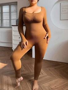 1pc Women Plus Size Seamless Slimming Waist Cincher Bodysuit With Long Sleeve And Pants