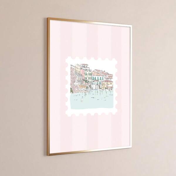 1pc Unframed Pink Italy Stamp Poster Rome Florence Venice European Travel Wall Art Canvas Print Minimalist Girly Room Aesthetic Decor Funky Painting For Dorm,Apartment,Living Room,Bedroom,Modern Home Decoration