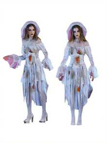Halloween Cosplay  Bride Costumes For Women, Gothic Victorian Bloody Off Shoulder Long Sleeve Dress Outfits - 白色 - 查看 1