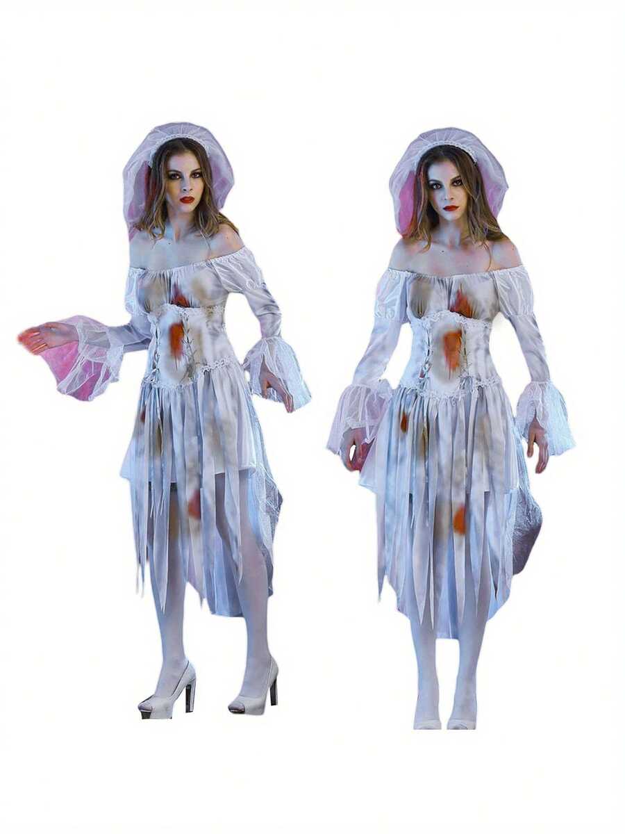 Halloween Cosplay Bride Costumes For Women, Gothic Victorian Bloody Off Shoulder Long Sleeve Dress Outfits - 白色 - 查看 1