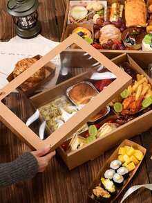 1/2pcs Rectangular Brown Kraft Paper With Lid And Transparent Window Multi-Purpose Cake Baking, Fried Chicken, Pizza, Sandwich, Fruit Storage Packaging Box, Suitable For Picnic Camping, Outdoor, Party, Birthday, Pizza Shop, Fried Chicken Shop - Brown - View 1