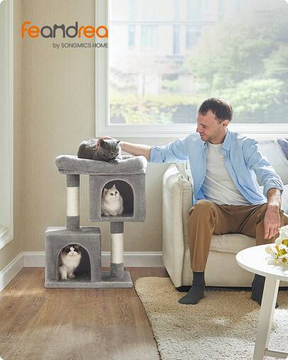 Feandrea Cat Tree, 74 Cm Cat Tower, M, Cat Condo For Medium Cats Up To 5 Kg, Large Cat Perch, 2 Cat Caves, Scratching Post, Light Grey