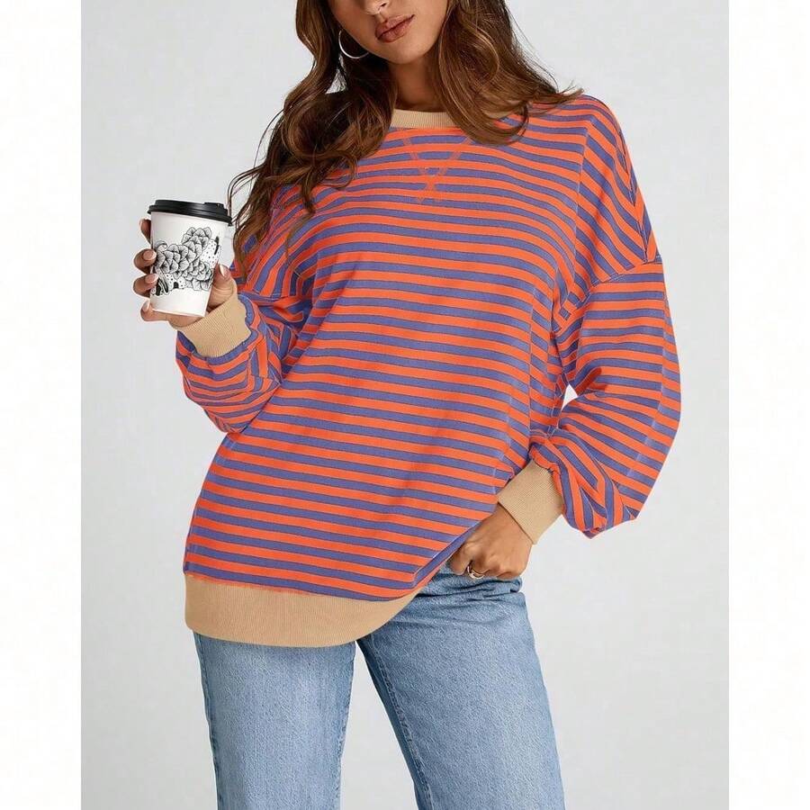 Womens Oversized Striped Sweatshirt Crewneck Long Sleeve Pullover Top Casual Y2K Spring Clothes 2026 Workout Shirt,Vacation Outfits Women,Valentine Outfits For Women,Street Photography - Blue Orange - 查看 1