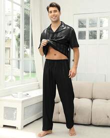 Mens Silk Pajama Set, Short Sleeve Silk Satin Pajamas For Men Soft Mens Loungewear Sets 2 Piece Button Down Pjs Sethalloween - Striped Black - View 3