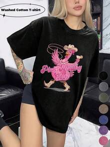 Women's Washed Cotton T-Shirt Pink-Funny-Chicken Painted Design Soft And Breathable Fabric, Machine Washable Spring And Summer Daily Stylish Tops The Best Gift For A Friend