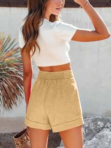 Women High Waisted Wide Leg Bermuda Shorts Summer Casual Lightweight Workwear With Pockets - Yellow - View 4