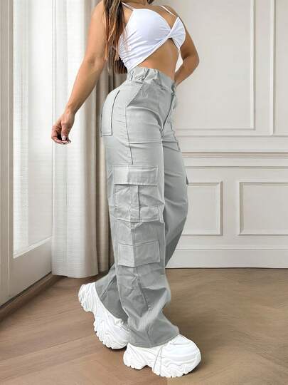 Solid Color Multi-Pocket Button Commuting Simple Y2K Casual Cute Work Pants Long Pants, Back To School, Clubs, Birthday Parties, Halloween, New Year, Thanksgiving, Concerts, Gym, Business, Daily Airport Wear, Street Wear, Teacher, Spring, Summer, Autumn And Winter Styles