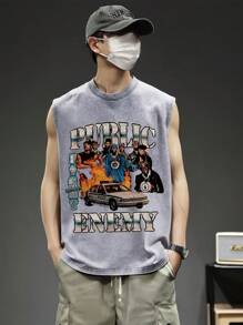 Men's Summer Washed Cotton Crew Neck Vest Car Graphic Print Fashion Hip Hop Style Sleeveless T-Shirt