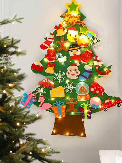35 piezas/Set Árbol de Navidad de fieltro DIY con luces, diseño de hombre de jengibre, copos de nieve, decoraciones navideñas, adornos navideños, decoraciones de fiesta de Navidad, Nochebuena, decoración de habitación navideña, regalos de Navidad, decoración de pared navideña, decoraciones navideñas para el hogar, decoraciones colgantes navideñas, decoración navideña, bolas de Navidad, regalos de Navidad, Navidad, decoración de Año Nuevo 2026