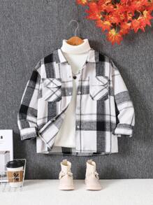 Tween Girl Plaid Drop Shoulder Flap Pocket Fashion Jacket, Mid-Length, Autumn/Winter - Black and White - View 1
