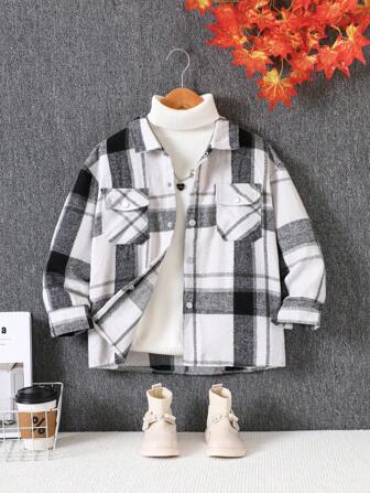 Tween Girl Rutig Drop Shoulder Flap Pocket Modejacka, mellanlång, höst/vinter