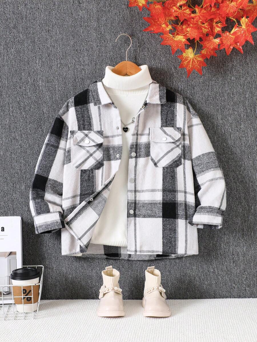 Tween Girl Plaid Drop Shoulder Flap Pocket Fashion Jacket, Mid-Length, Autumn/Winter - Black and White - View 1