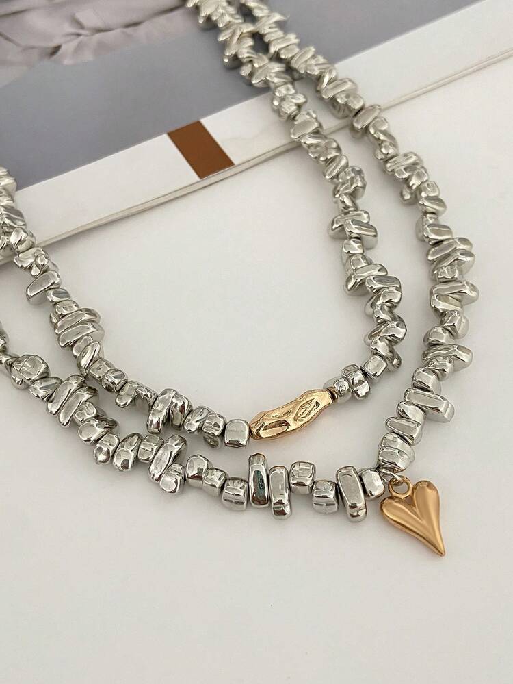 2 peças/Conjunto Colar Pingente de Coração Assimétrico Estilo Boêmio com Pérolas Falsas, Joia Charmosa de Luxo, Presente para Mulheres, Casais, Uso Casual, Festa, Feriado - colar - Visão 9