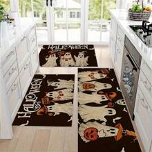 Halloween Ghost Pumpkin Kitchen Rug Set, Non-Slip Backing, Machine Washable, Polyester Bat, Ghost, Pumpkin Doormat, Suitable For Home Kitchen Decor, Short Plush Holiday Mat, Applicable For Thanksgiving, Christmas, Holiday Decoration
