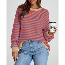 Womens Oversized Striped Sweatshirt Crewneck Long Sleeve Pullover Top Casual Y2K Spring Clothes 2026 Workout Shirt,Vacation Outfits Women,Valentine Outfits For Women,Street Photography - Blue Orange - 查看 7