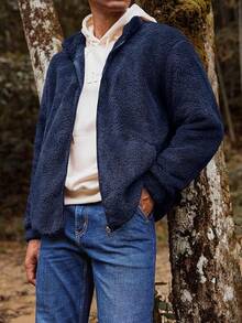 Mens Fuzzy Sherpa Jacket Cardigan Fleece Long Sleeve Full Zip Open Front Thermal Coat Fall Winter Outwearhalloween - 海軍 - 查看 11