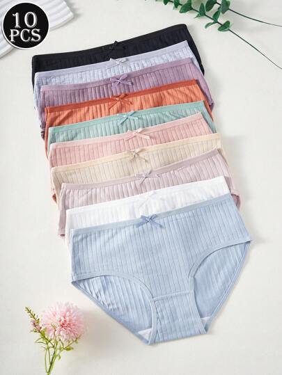 Paquete de 10 piezas de bragas de algodón sólido con lazo para niñas, raya vertical espiral, ropa interior básica cómoda y deportiva casual