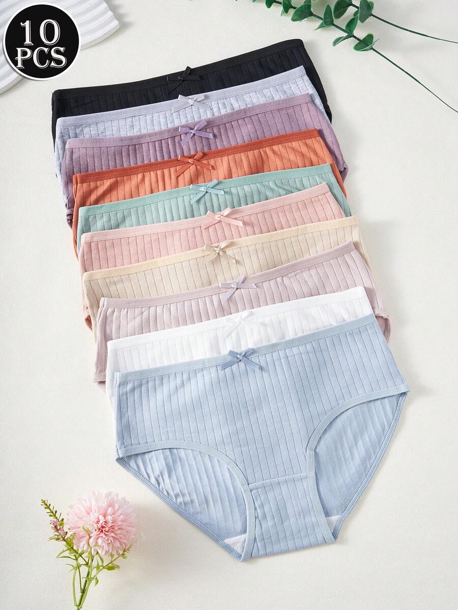 Pacote com 10 peças de calcinhas esportivas casuais básicas e confortáveis, com laço de cor sólida e listras verticais em espiral para meninas - Branco - Ver 1