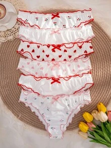 6条装女士纯色、心形、樱桃色、蝴蝶结装饰舒适棉质内裤 - 白色 - 查看 5