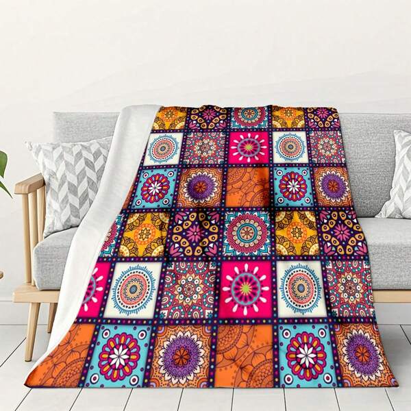 1PC Purple Mandala Flower Patchwork Pattern Flannel Sheep Blanket, Soft Skin Friendly Scarf, Lightweight And Perfect Gift, Perfect Home Decoration For Sofa, Travel, Bedroom, Suitable For Family And Friends, Machine Washable, Digital Printing, Modern Style