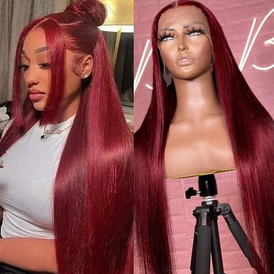 13X6 Free Part Platinum Blonde Lace Front Wigs 28 Inch Pre Plucked Long Straight Hair Wigs Glueless Soft Ash Blonde Colored Wigs Heat Resistant Fiber Hair Synthetic Lace Front Wigs For Women For Daily Christmas Party Cosplay Use - Đỏ sẫm - Xem 1