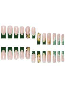 24 chiếc móng tay giả hình quan tài 3D sọc xanh lá cây kiểu Pháp, ngọt ngào và mát mẻ dành cho phụ nữ và trẻ em gái, đồ dùng làm móng hàng ngày - màu xanh lá - Xem 5