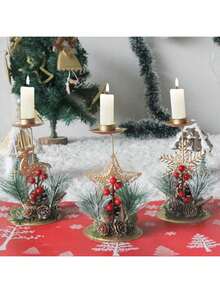 1 Stück Weihnachts-Kerzenständer Tischdekoration mit Rentier, Sternen, Schneeflocken und Beeren Set, geeignet für Weihnachts-Familienfeier Dekoration, Tischdekoration, Wohnzimmer Dekoration, Raumdekoration Zuhause (Kerzen nicht enthalten) - Verschiedenfarbig - Übersicht 3