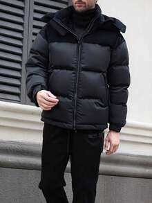 1 件男士拼接连帽棉服外套，尼龙面料，工装风格，撞色设计，适合日常通勤和户外寒冷天气，秋冬 - 黑色 - 查看 7