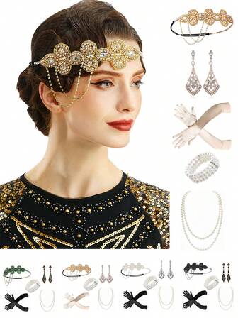 5 st 1920-tals Gatsby accessoarset för kvinnor Flapper pannband 20-tals huvudbonad halsband handskar armband, Halloween